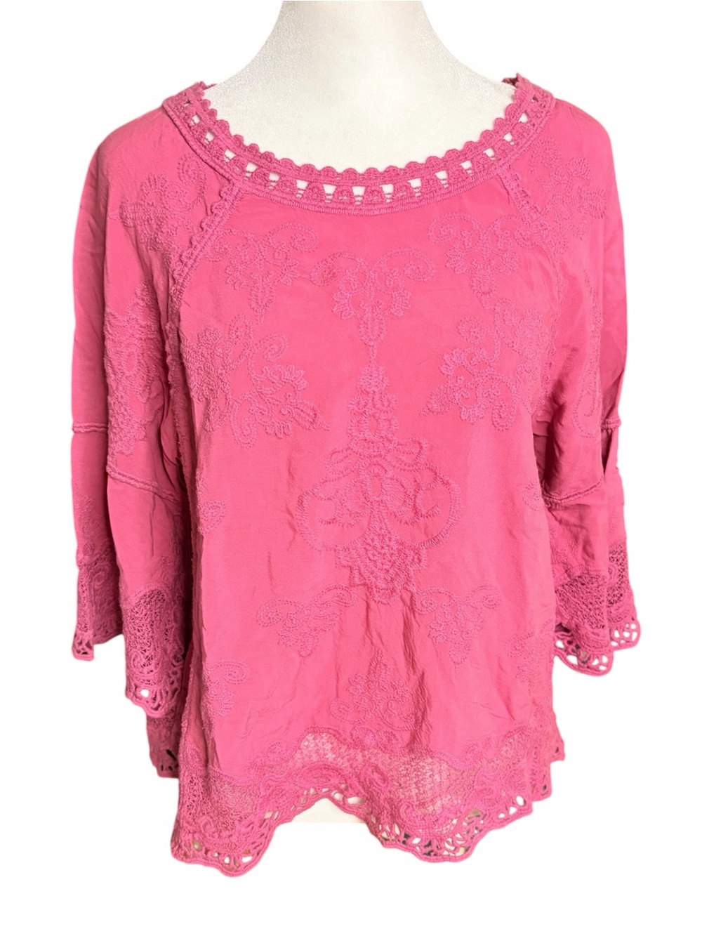 Democracy Pink Embroidered Crochet-Trim Tunic